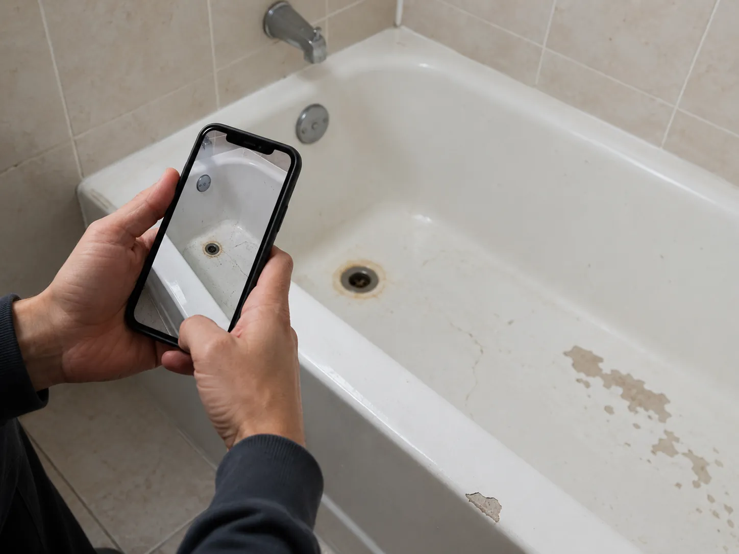 Worn bathtub in an older bathroom before refinishing.