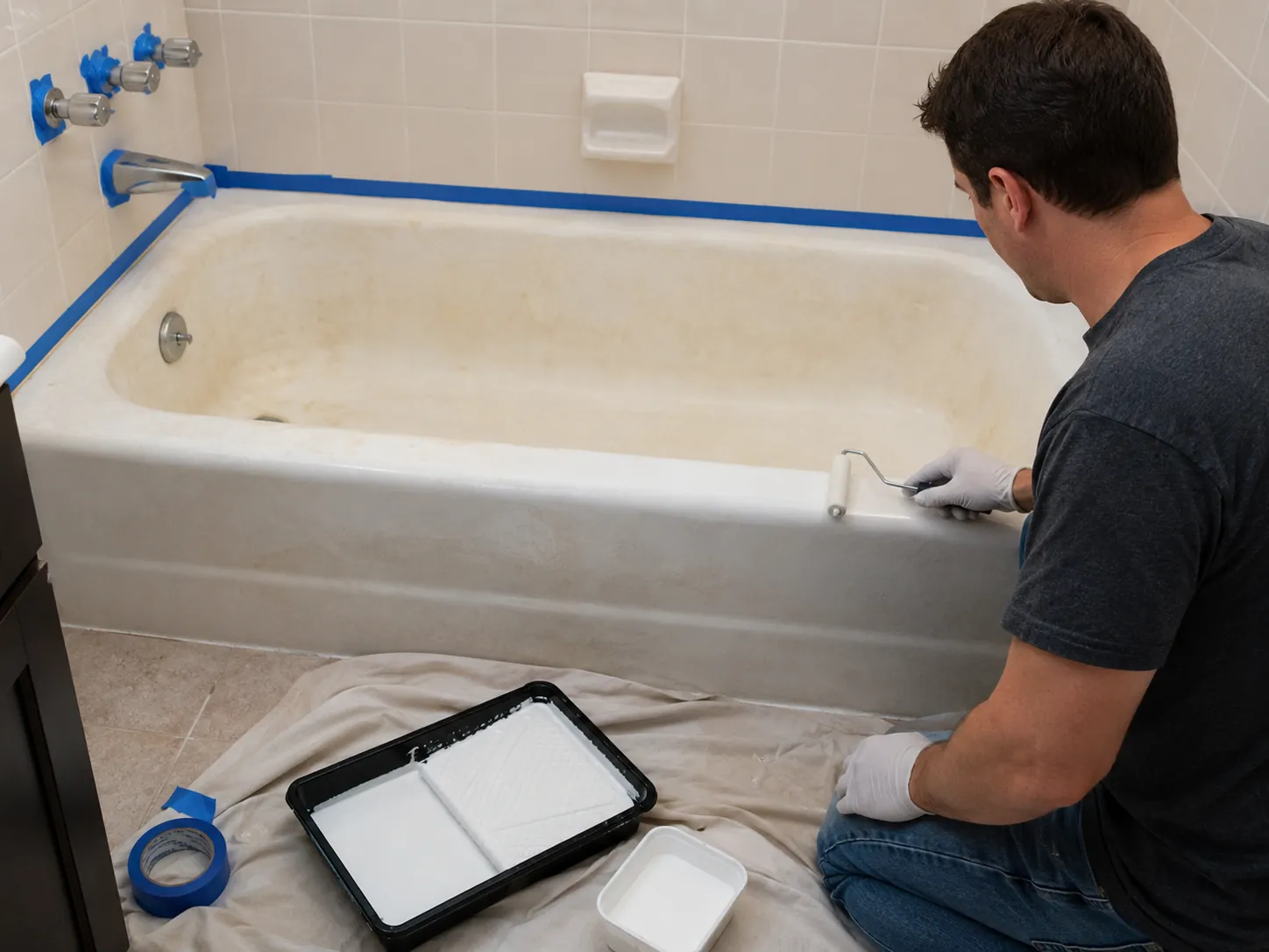 Homeowner applying a DIY refinishing kit to a bathtub.