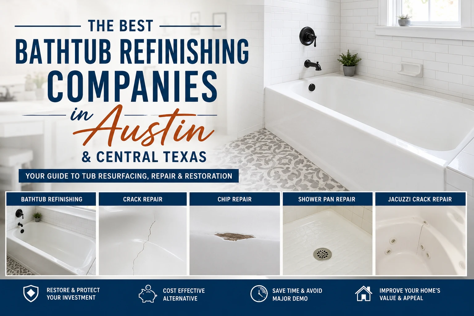Guide to bathtub refinishing companies in Austin and Central Texas featuring tub resurfacing, crack repair, chip repair, shower pan repair and jacuzzi crack repair