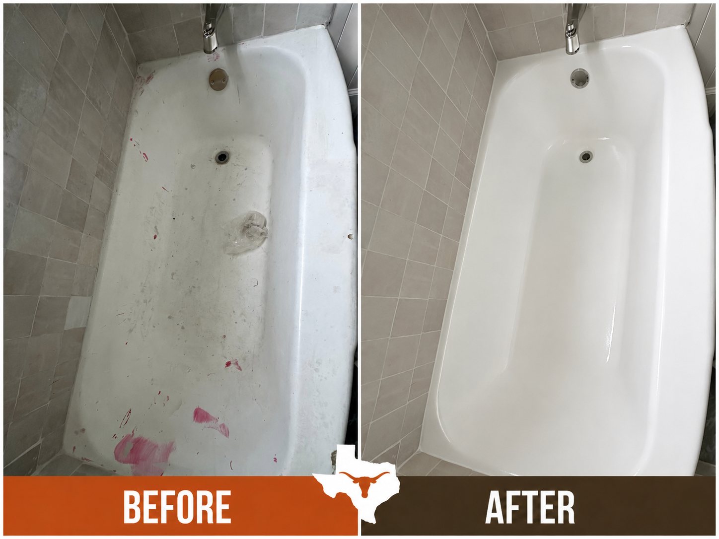 Representative before-and-after bathtub refinishing example for Bastrop, Texas, showing a worn surface restored to a clean white finish.