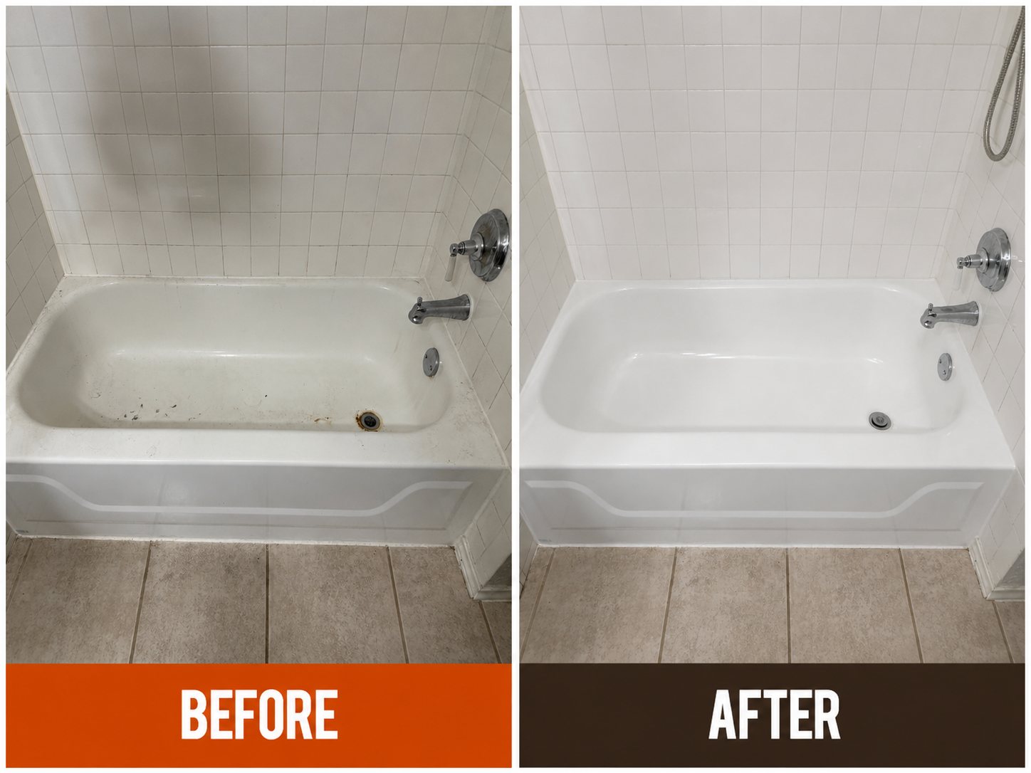 Representative before-and-after bathtub refinishing example for Elgin, Texas, showing a worn tub and tile surround restored to a clean white finish.
