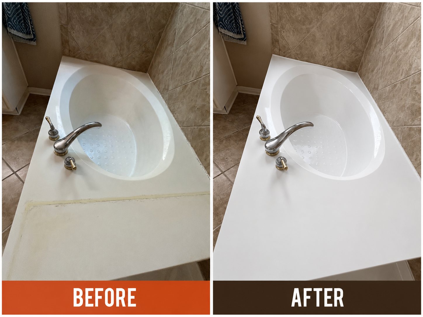 Representative before-and-after oval bathtub refinishing example for Liberty Hill, Texas, showing a refreshed white finish.