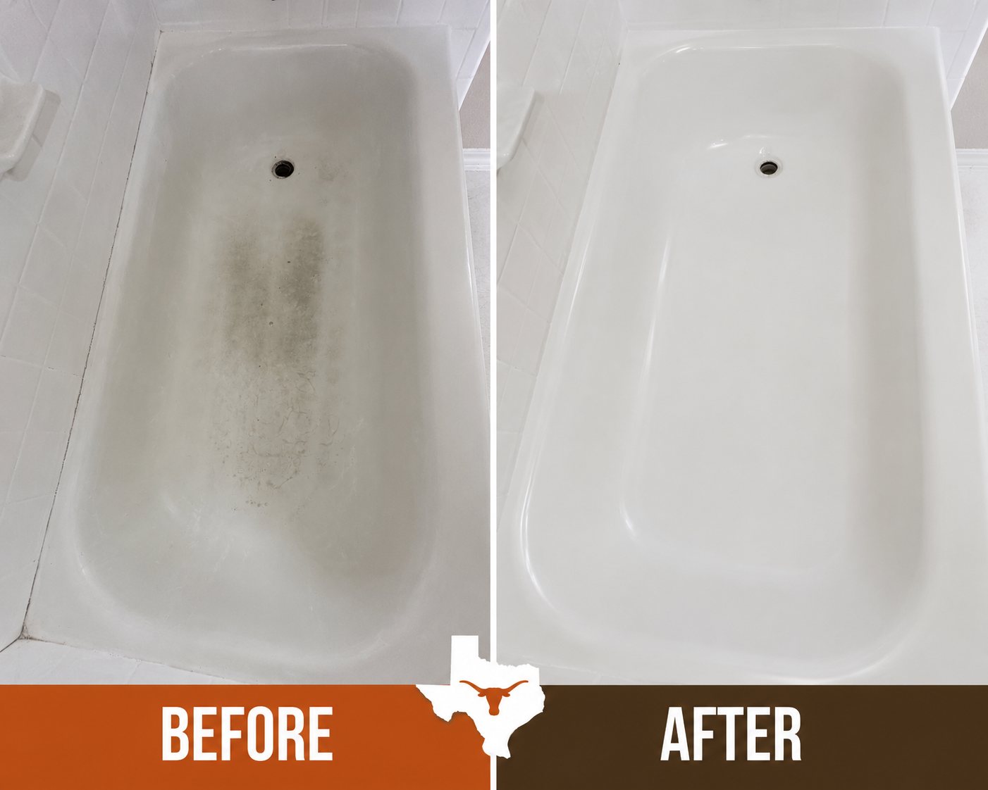 Representative before-and-after bathtub refinishing example for Lockhart, Texas, showing a worn tub restored to a smooth white finish.