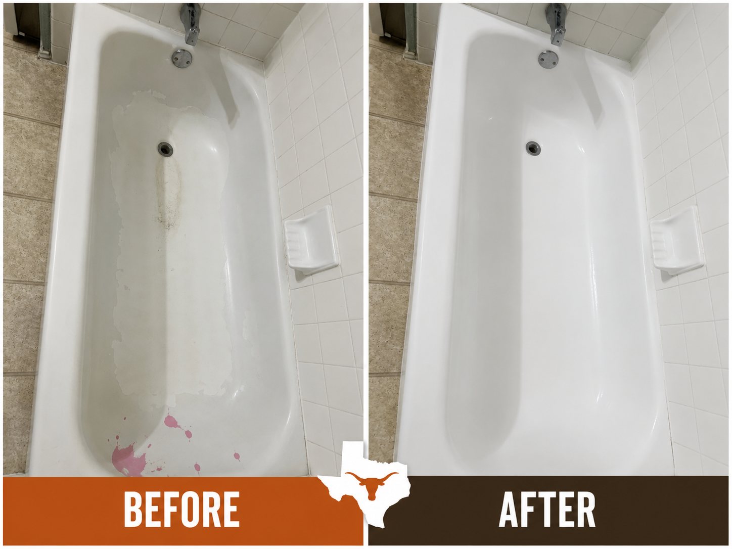 Representative before-and-after bathtub refinishing example for Taylor, Texas, showing a peeling coating restored to a bright white finish.