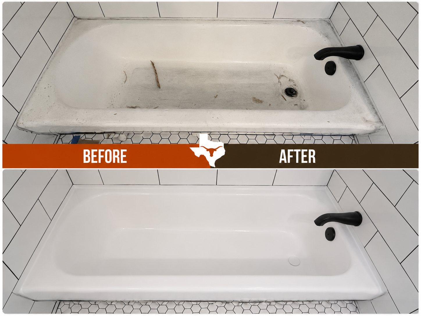 Representative before-and-after bathtub refinishing example for West Lake Hills, Texas, showing a heavily worn tub restored to a clean white finish.